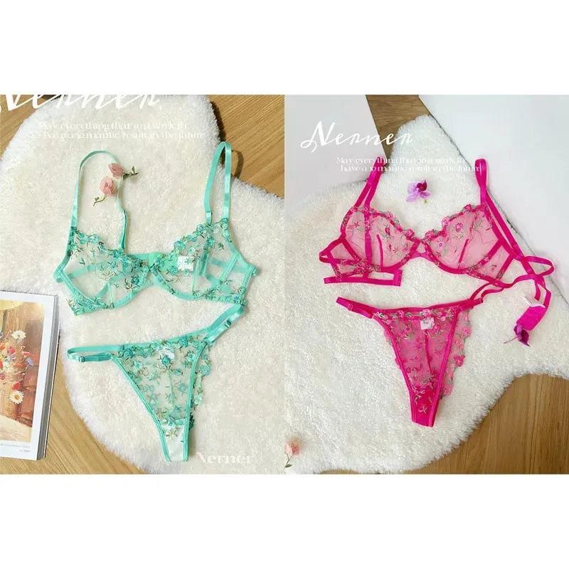 Korean Hot Lace Bra Set Floral Embroidery Transparent Mesh Ultra Thin Big Bust Modest Summer Ladies Daily Wear Underwear 32-38