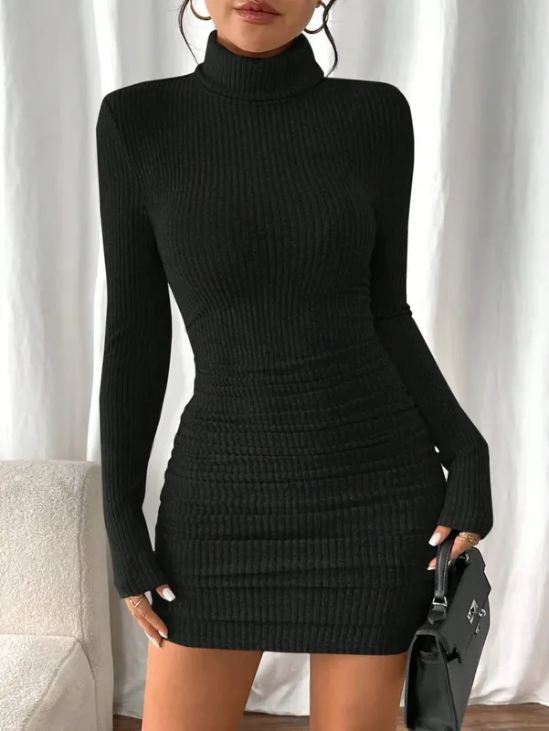 Fashionable Casual Ribbed Knit Women's Solid Color High Collar Long Sleeve Simple Short Dress