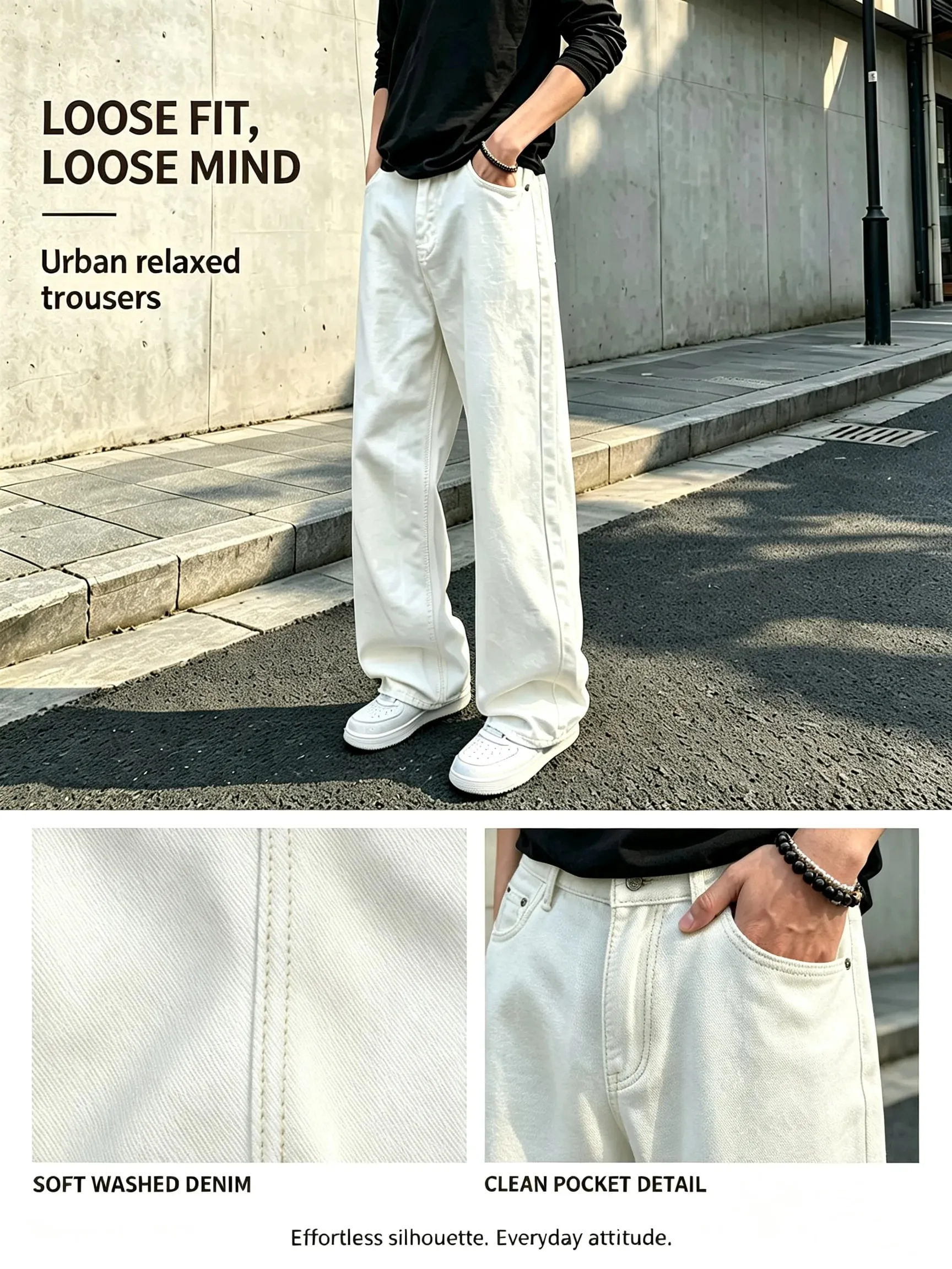 Baggy Jeans for Men Retro Style Solid White Loose Wide Leg Denim Trousers Men Casual Daily Streetwear Washed Men's Jeans Pants