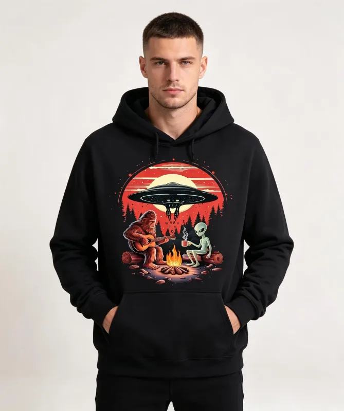 Unisex Alien and Bigfoot Campfire UFO Hoodie - Mysterious Creature Themed Sweater, Soft Breathable Cotton Blend Pullover with Kangaroo Pocket for Camping, Race Day and Mysterious Zoology Lovers (Black), Size S-XXXL, Lightweight