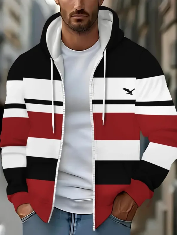 Hoodies for Man Striped Print Full Zip Sweatshirt Outdoor Wear Man Hoodie Fashion Casual Loose Sports Tops Pullover Man Clothing
