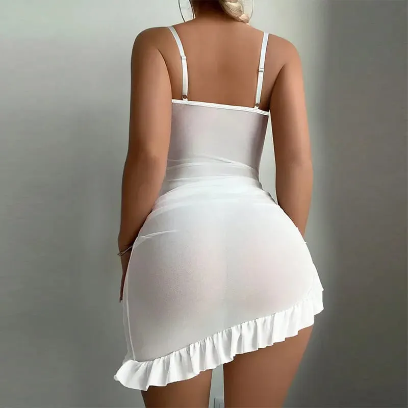 Delicate Transparent Lingerie Nightgown Set Steel Ring Push Up Bra With Matching Thong Panties Women Sleepwear Underwear