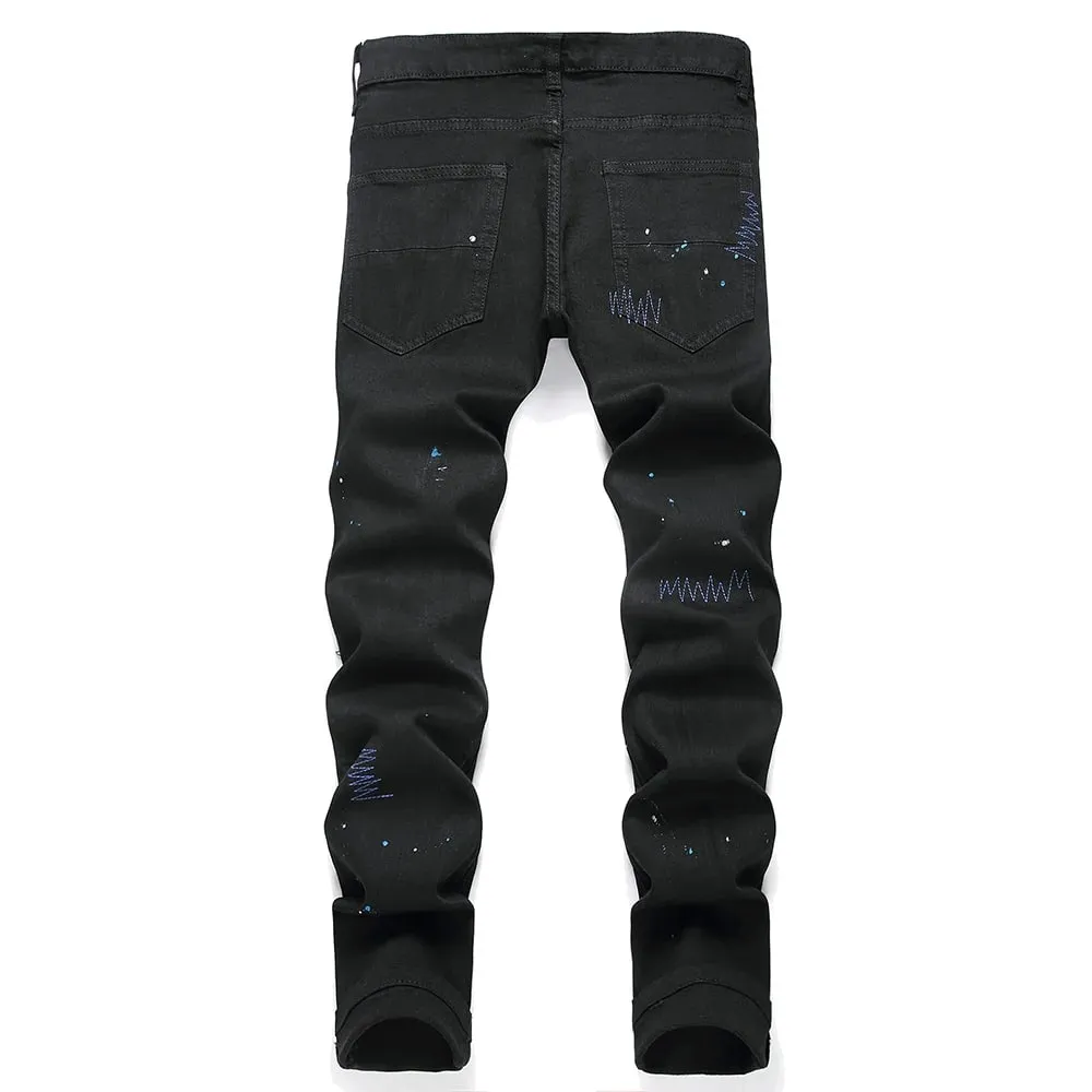 2026 New Men's Fashion Crystal Cross Stretch Denim Jeans Holes Ripped Distressed Black Pants Embroidery Slim Tapered Trousers