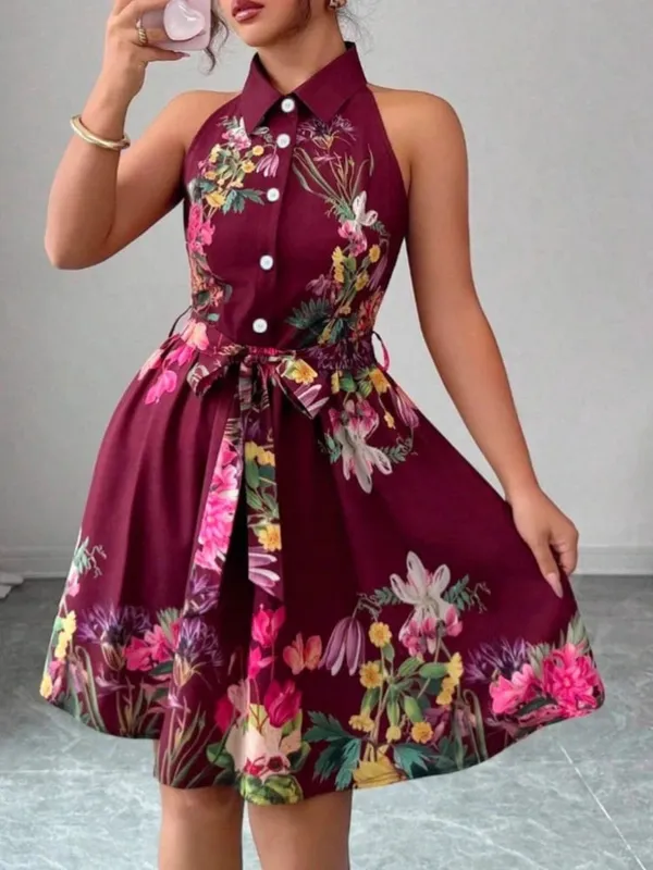 A Line Vestidos Y2k Street Wear Halter Print Floral Elegant Splice Party Night Work High Waist Short Dress Women Dresses