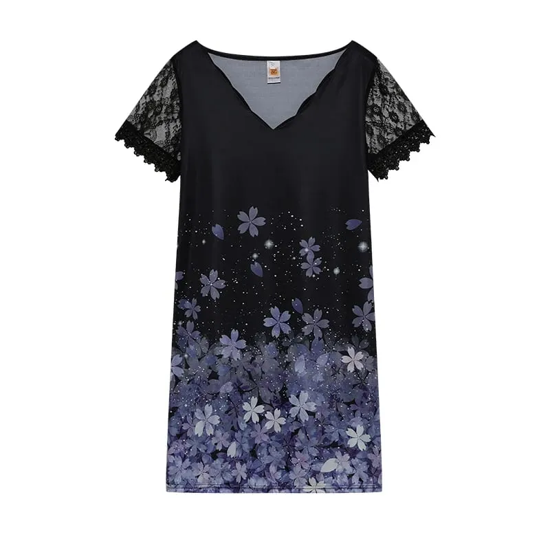 2026 New Women's New Positioning Printing Wave V-neck Lace Short-sleeved Dress