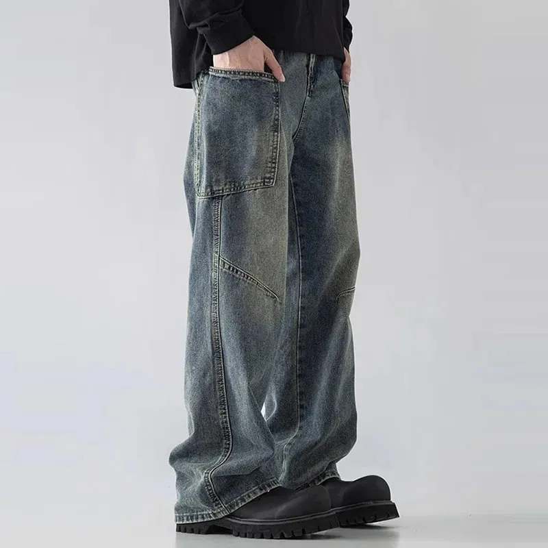 Korean Style Large Pocket Workwear Jeans Retro Blue Men'S Baggy Jeans Straight Leg Pants Casual Wide Leg Pants Casual Pants