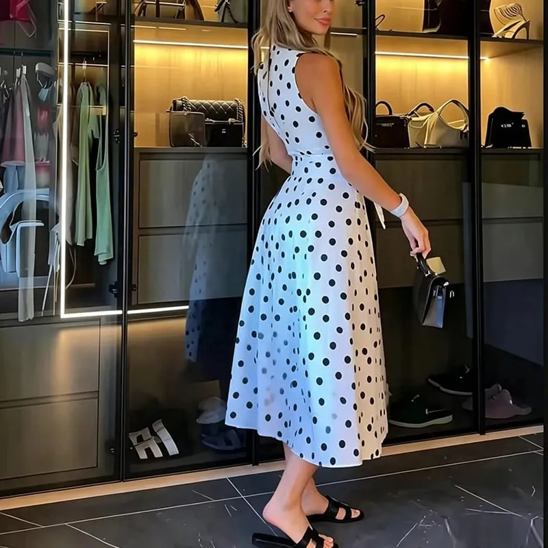 Summer New Dress Women's 2026 New Fashion Polka dot Elegant Slim Belt Women's Holiday Long Dress Street Chic Travel Dresses