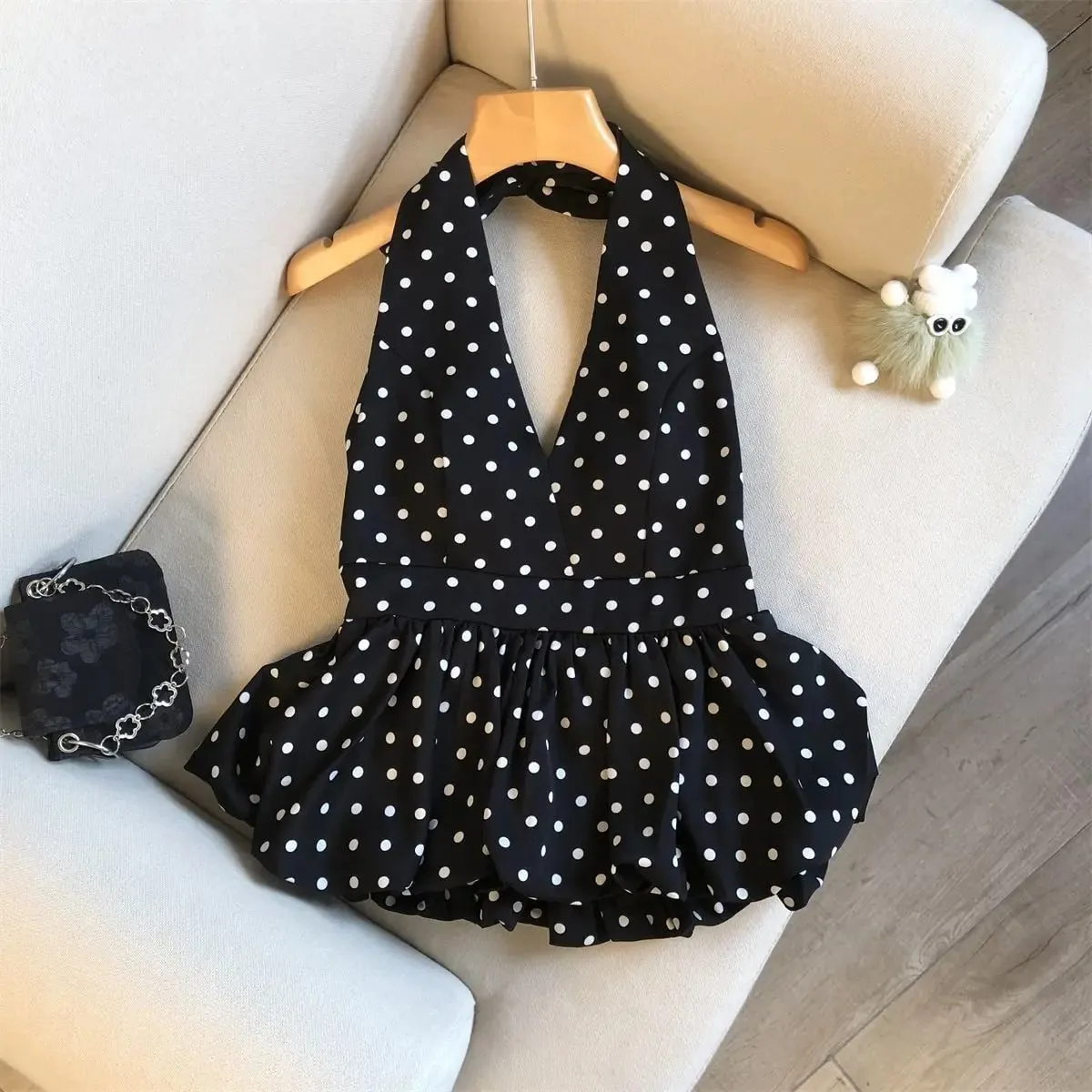 Backless Sexy Halter Beach Babydoll Crop Tops Women Polka Dots V neck Sleeveless T shirt Ruffles Basic Basic Tees Casual New