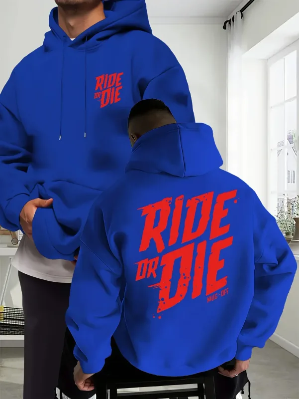Men's Biker Hoodie Ride Or Die Letter Graphic Back Print Oversized Sweatshirt Motorcycle Streetwear Autumn Winter