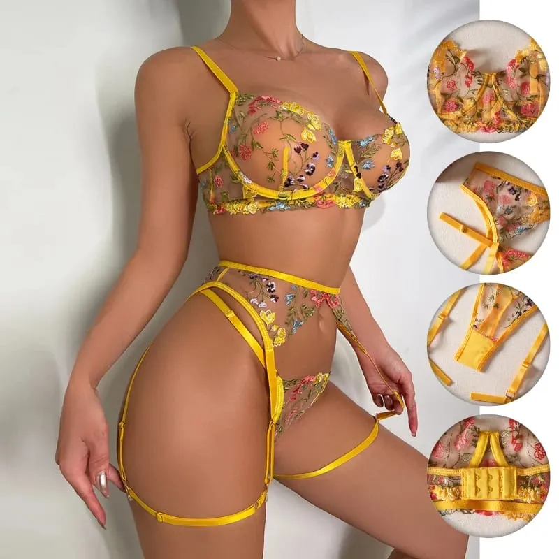 Conjunto de lingerie sexy de cor aleatória, 3 peças, bordado floral, sutiã de renda transparente, cinta-liga, kit de roupa íntima íntima