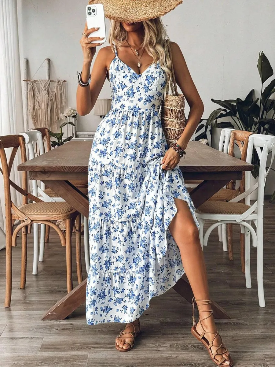 Women's V-neck Floral Print Camisole Dress—a sexy Backless Flowy Long Party Dress Featuring a Bow Detail. — image 3