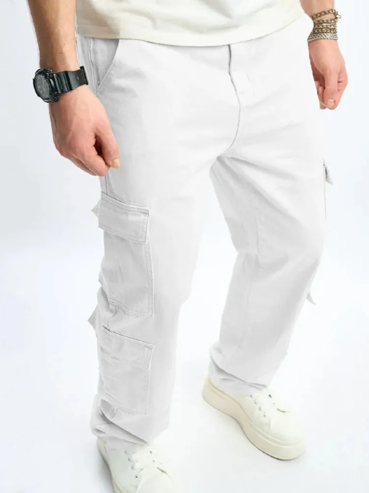 Pánské více kapes Náklad Volné džíny Streetwear Rovné Ležérní Outdoorové kalhoty Pánské oblečení Móda Džínové kalhoty Bílá — image 5