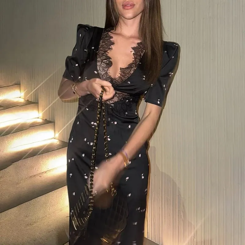 Sexy Hollow Lace Dress Women's Fashion Short Sleeve Elegant High Waist Slim Print Dress Summer Party Club Clothes Female 2026