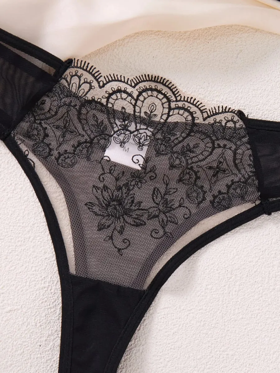 Women Elegant Black Embroidery Lingerie Set Sheer Mesh Underwire Bra T‑back Panty Bow Decor Intimate Wear ZA824057