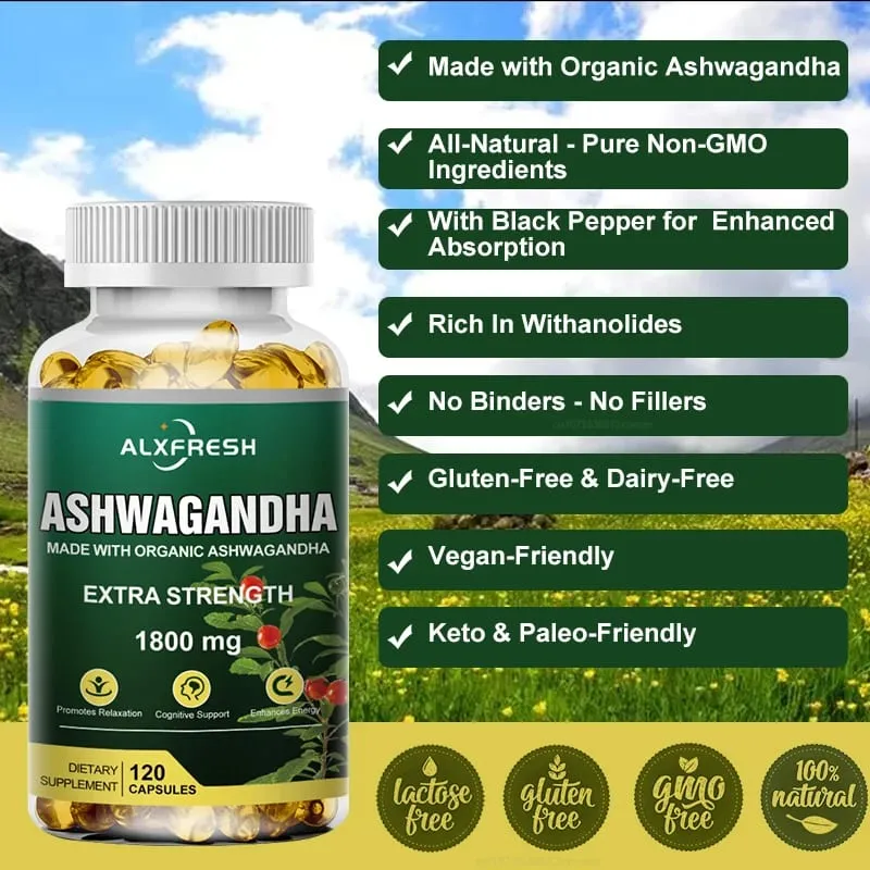 Alxfresh Pure Organic Ashwagandha Root Extract Capsule 1800mg Supplement Help Stress Focus Brain Energy Support Sleep Health