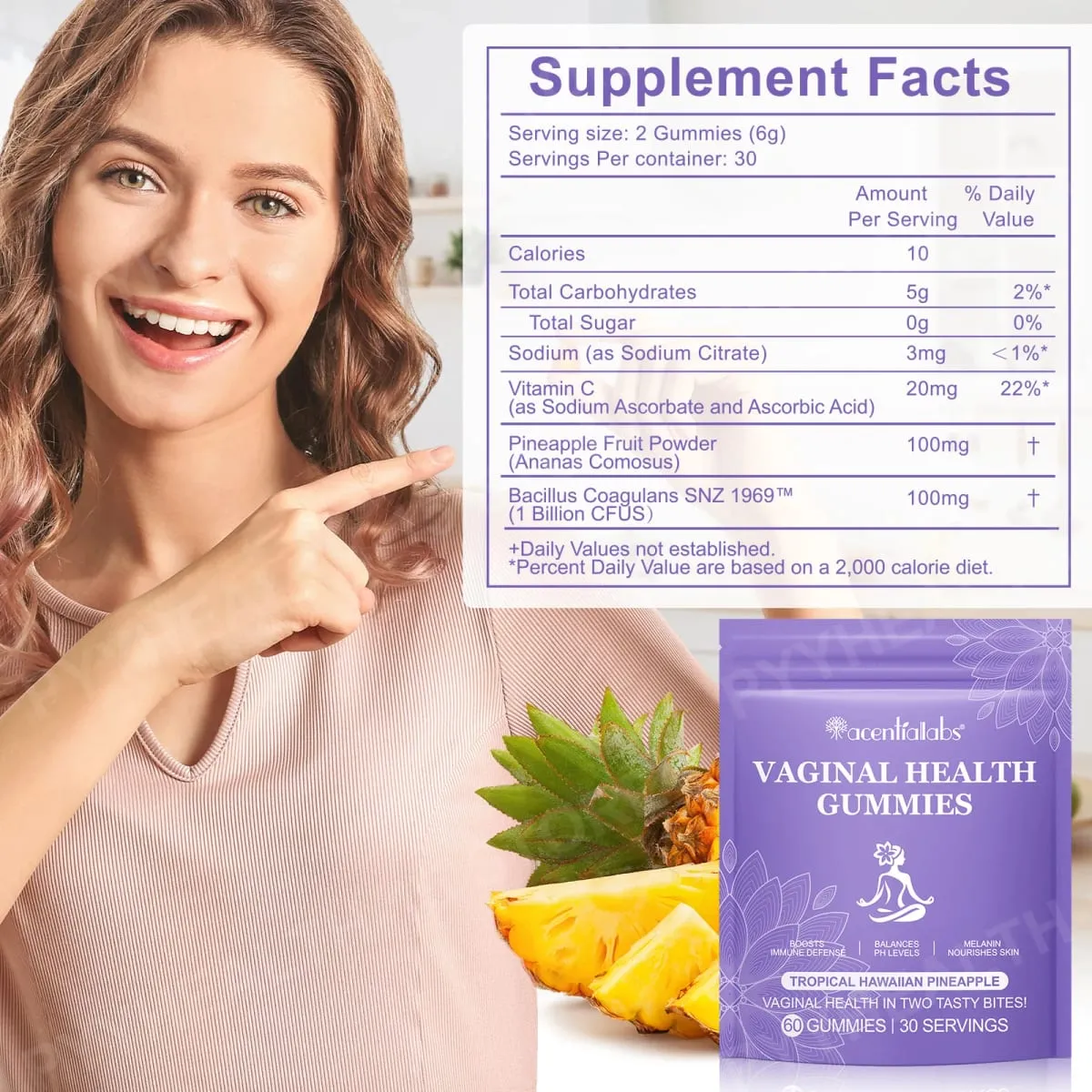 Vaginal Health Gummies PH Balance Support with Vitamin C and Pineapple Fruit Powder Gelatin-Free Daily Wellness 60 Gummies