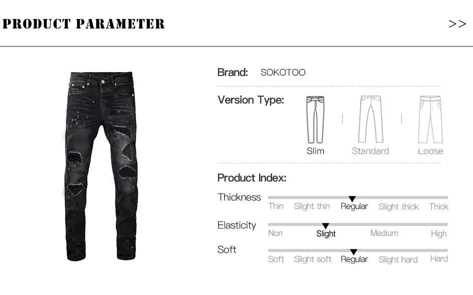 Men Holes Ripped Denim Jeans Streetwear Slim Tapered Stretch Pants Painted Black Trousers
