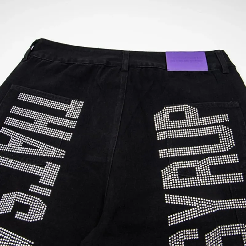 Vintage Trend THAT'S A AWFUL LOT OF COUGH SYRUP Jeans Streetwear Hip Hop Rhinestone Denim Trousers Men Women