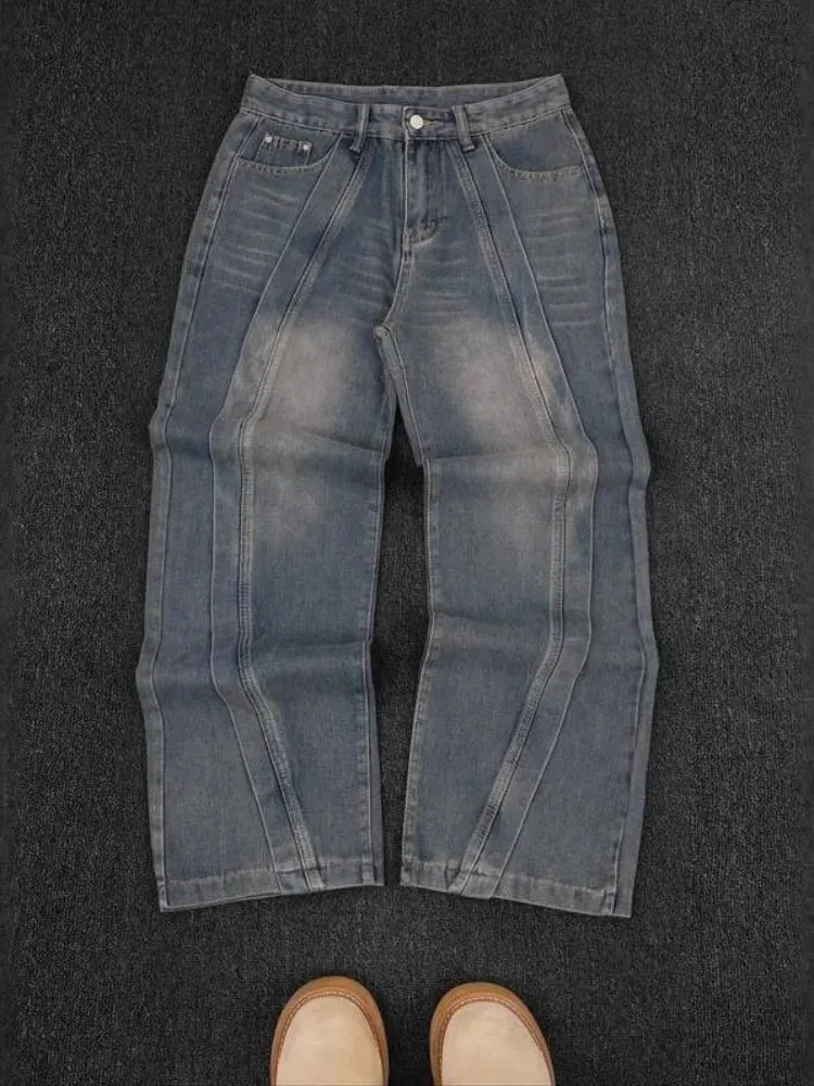 Calças de brim dos homens americano vintage streetwear azul escuro perna larga denim calças retalhos ponto contraste lavado solto ajuste retro moda