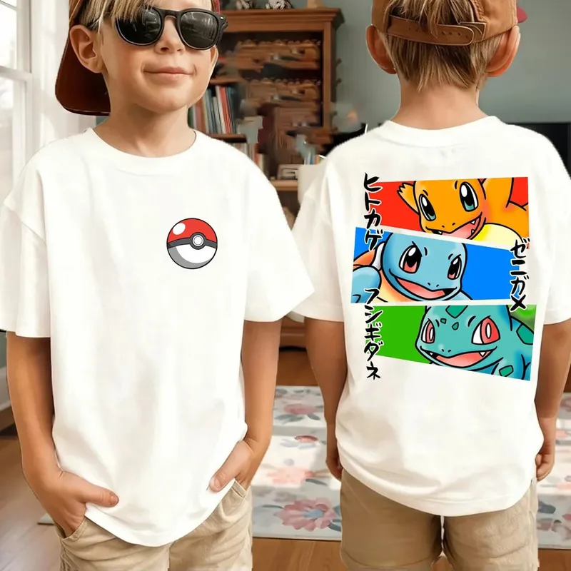Summer Pokémon AnimeT-shirts Boys Pure Cotton Short-sleeved Top Casual Suitable for Both Boys and Girls Parent-child Outfits.