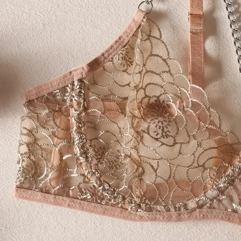 Bra + Panties + Garter + Hemline New Lace Transparent Push Up Lingerie Sets For Women Sexy Sleep Hollow Out Chain Underwear