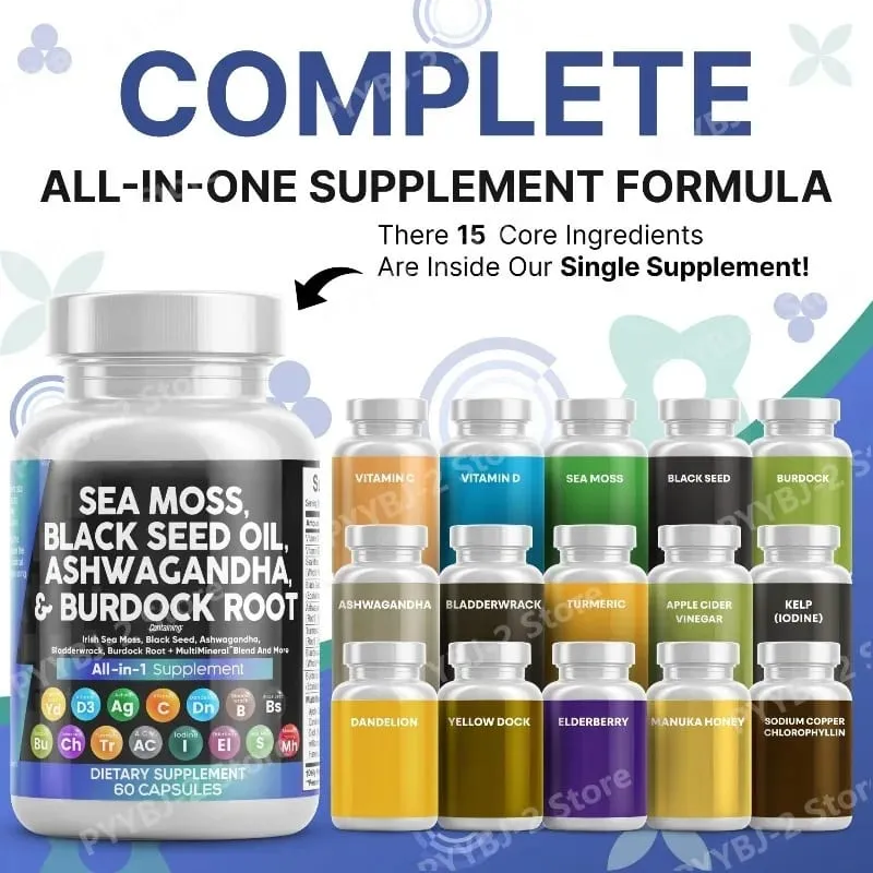 Sea Moss Kapsler indeholder sort frø gurkemeje og D-vitamin plantebaseret dagligt mineral alt i ét tilskud 60 antal pr. flaske