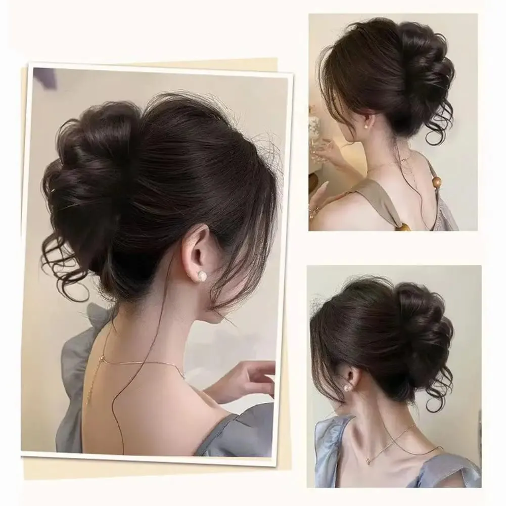 Lazy Voluminous Bun Ponytail Synthetic Hairpiece - Short Curly Fake Hair with Natural Fluffy Ends for Quick Updos Messy Buns