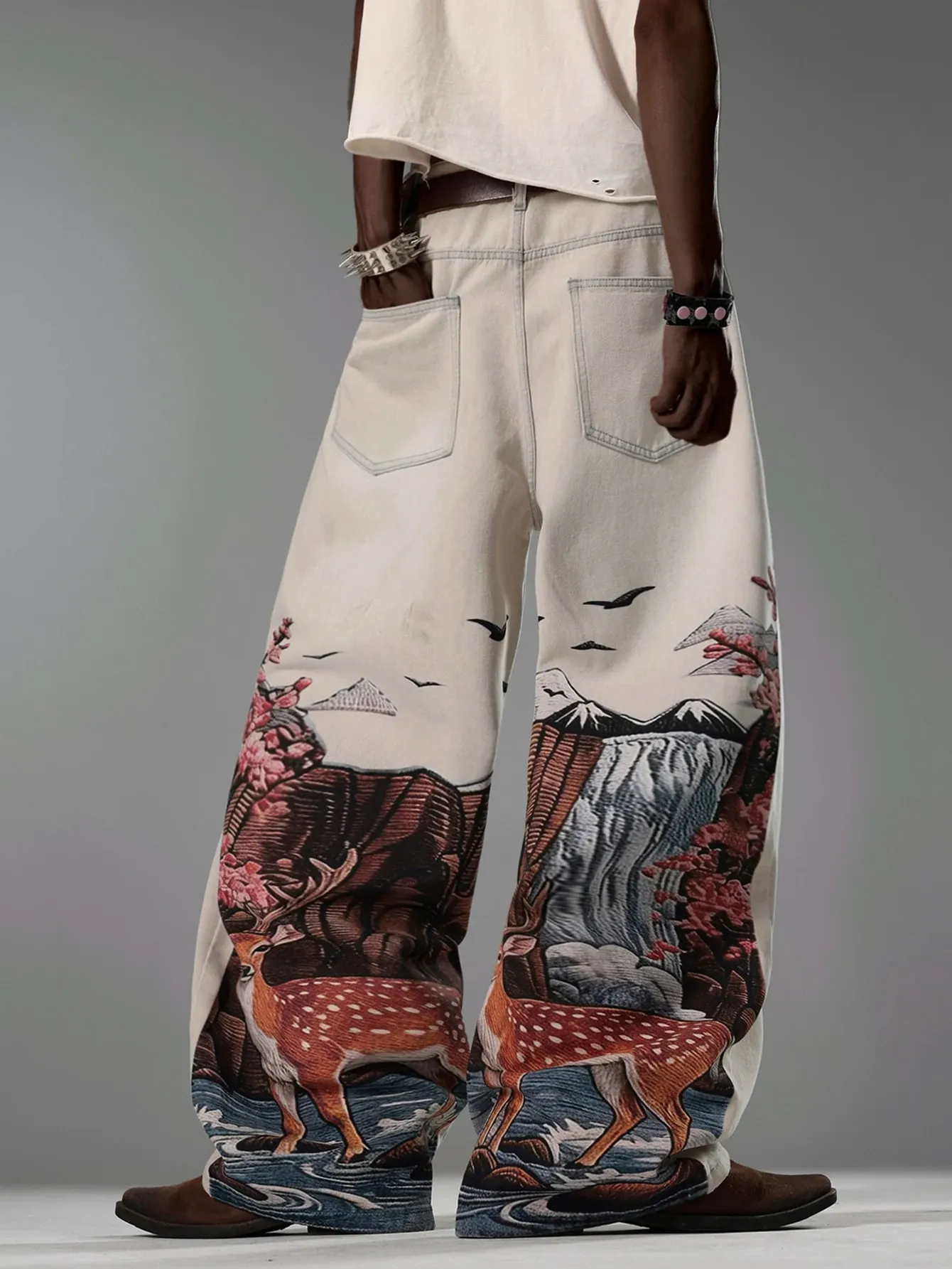 American Retro Art Natural Print Light Gray Baggy Jeans Man y2k Street Trend Fashion Versatile Straight-Leg Wide Pants