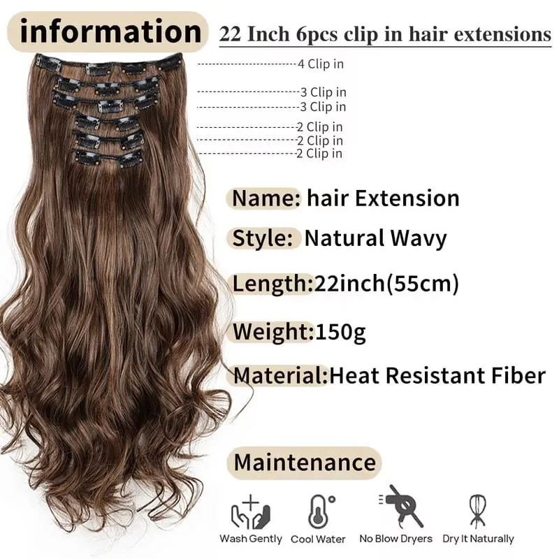 22Inch Synthetic 6pcs/set Long Curly Hair Extension Thick Soft Hairpiece for Short Hairline Coverage for Women Daily Use