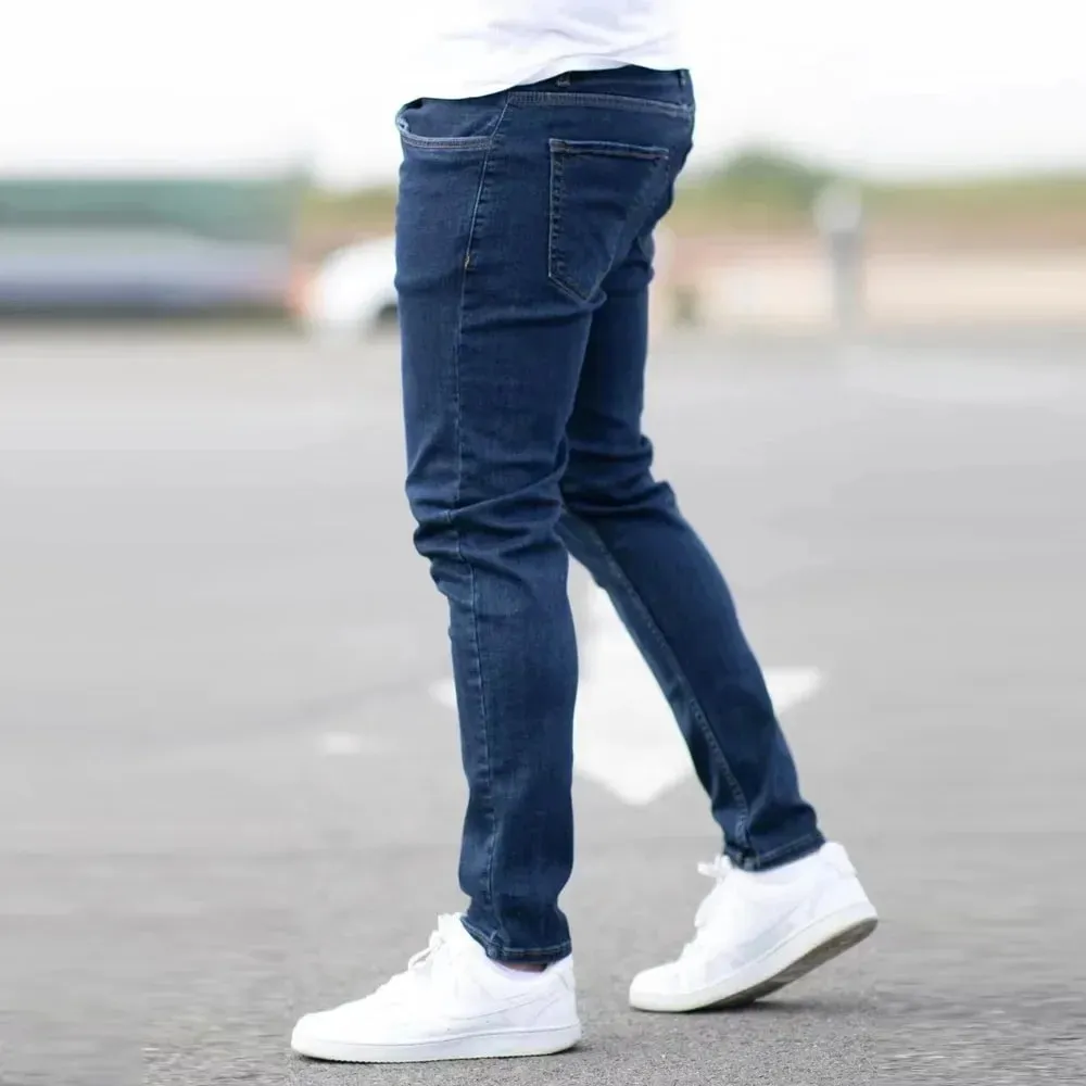 Jarní Pánské Černé Modré Kalhoty Pure Color Streč Džíny Street Ležérní Slim Fit Kalhoty Pánské Vintage Wash Skinny Jeans pro muže