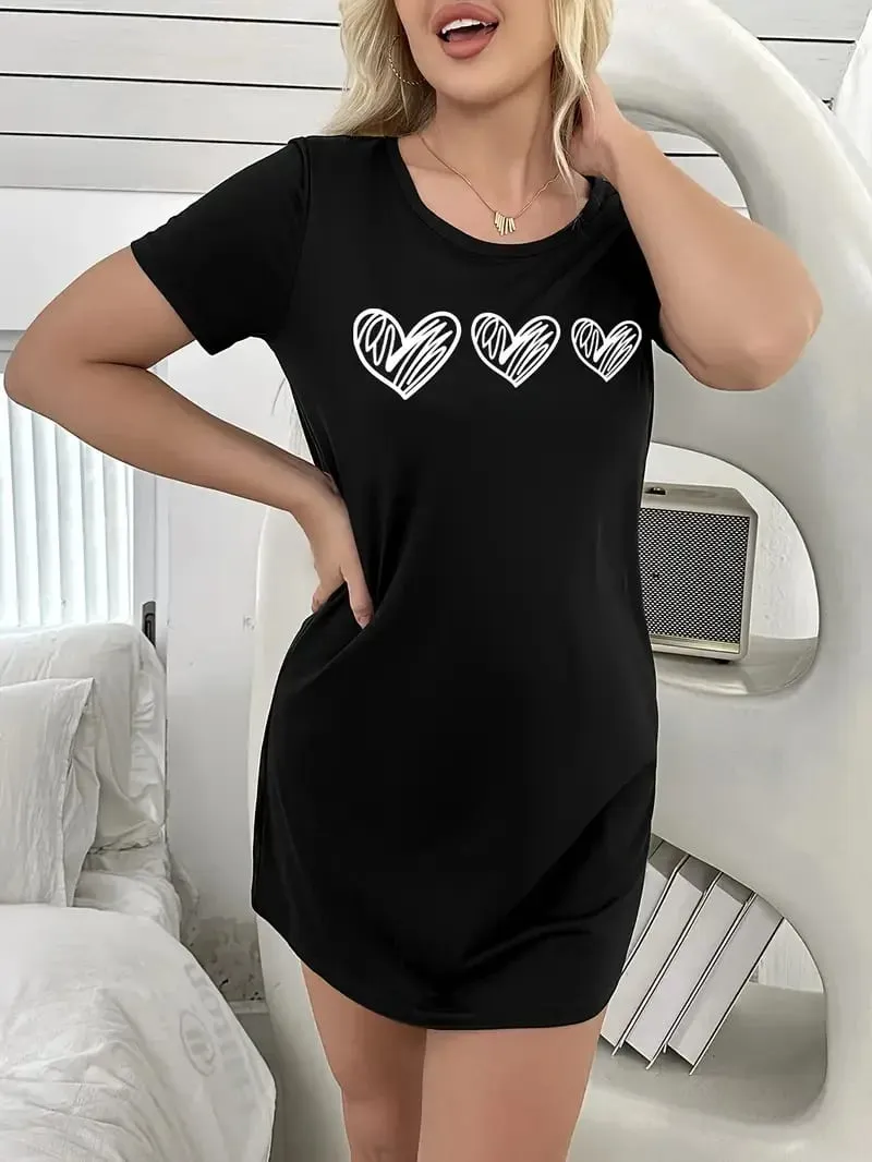 Women's Heart-Print Casual Dress Short-Sleeved Round-Neck T-Shirt Dress Comfortable Loungewear