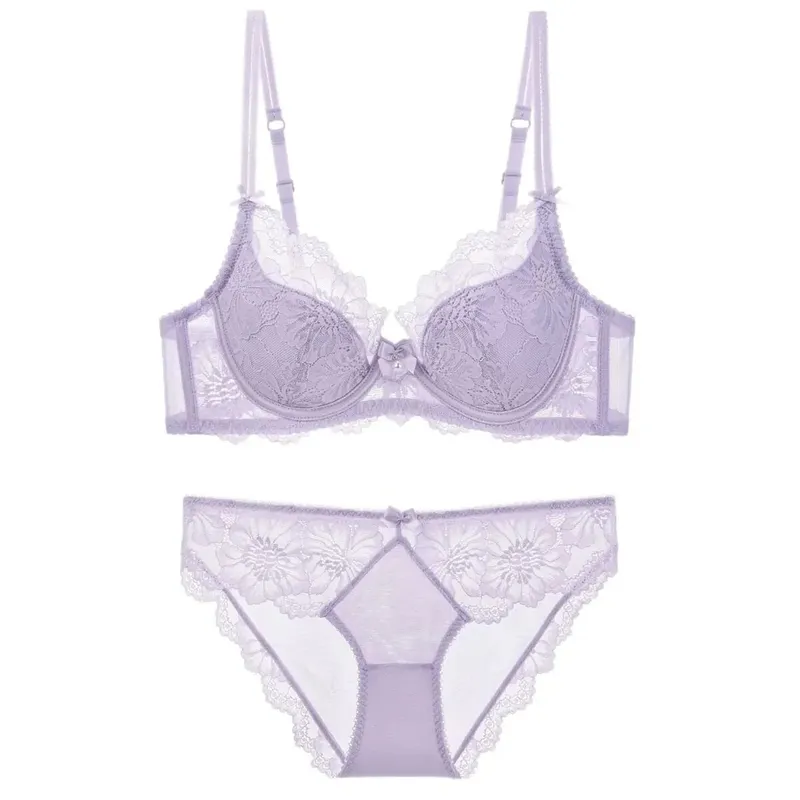 Summer Thin Lace Bra Set For Women Push‑Up Gather Side Fat Control Anti‑Sagging Sexy Soft Lingerie Underwear Kit