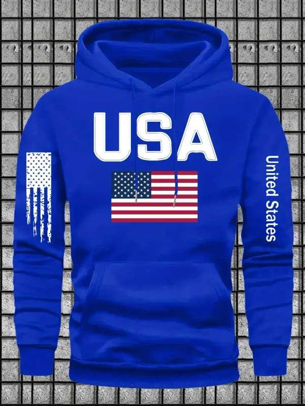 Urban patriotic-themed men's hooded sweatshirt with USA lettered and flag graphics. Street fashion design, loose turtleneck top.