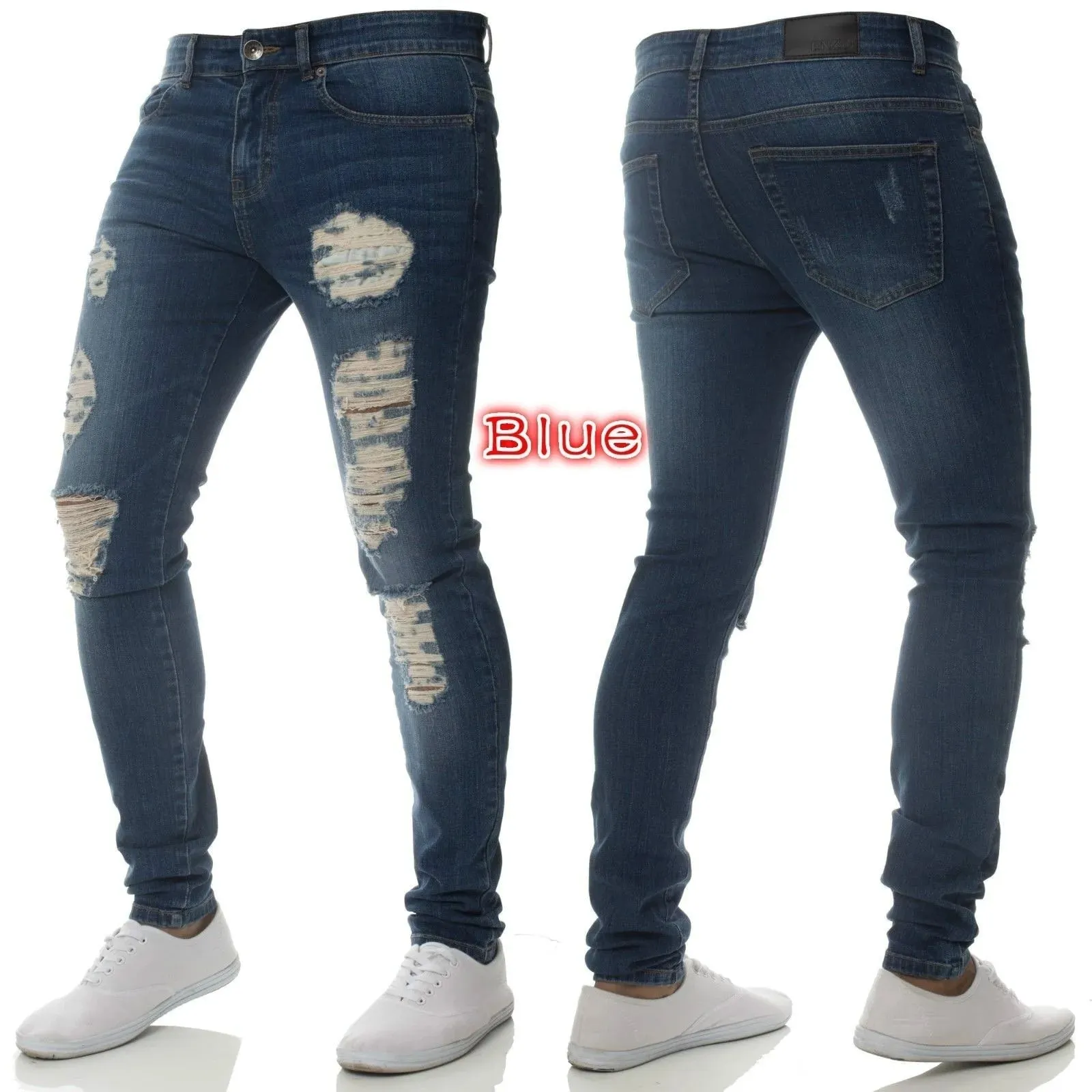 Men High Waist Black Ripped Skinny Jeans Fashion Hole Design Trendy Casual Denim Long Trousers