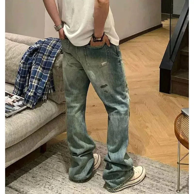Men's Jeans High Street Vintage Distressed Ripped Faded Man Pants Blue Straight Denim Trousers Embroidery Design Bootcut