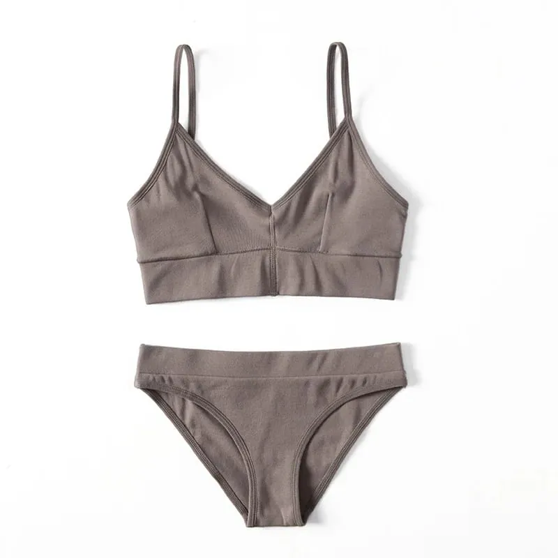 Women's Ribbed Wireless Bralette Set Solid Color Thin Strap Camisole Bra and Triangle Briefs Lingerie