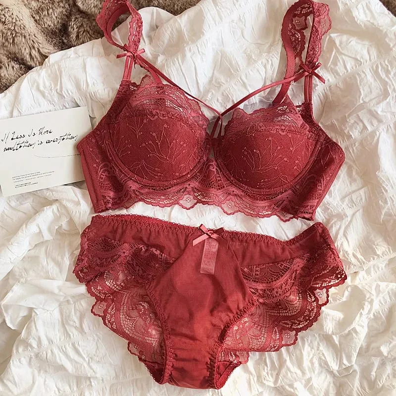 Lace ultra-thin big breasts bra with panties women sexy push up lingerie anti-sagging gathered laides underwear set