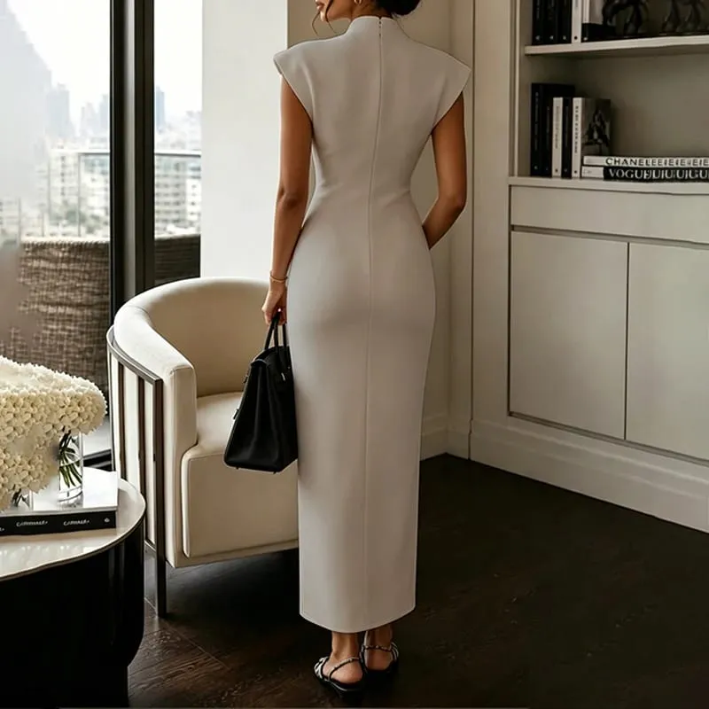 Women's Commuting Evening Party Elegant Gowns Solid Stand Collar V-neck Sleeveless Sheath Maxi Dresses Temperament Clothing — image 6