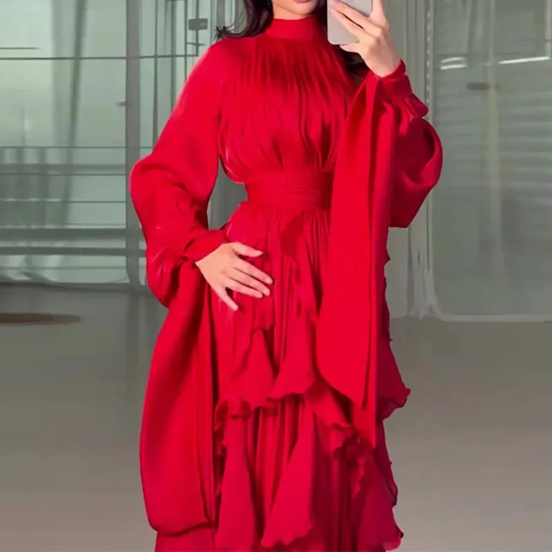 Fashion High Waist Pleat Party Dress Lady Casual High Collar Layered Banquet Dress Elegant Long Sleeve Solid Color Evening Dress