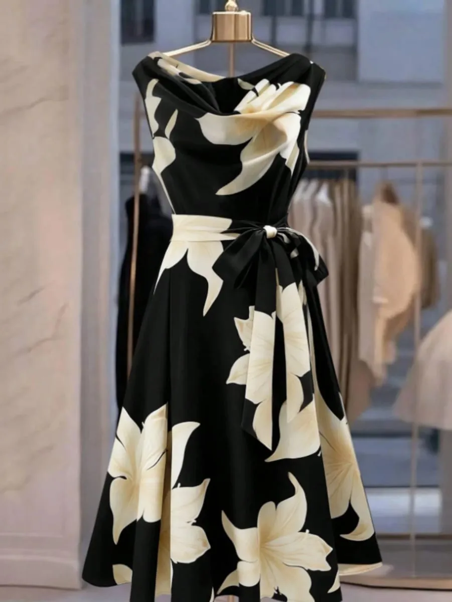 Women's Retro French Stripe Dress with Sash Tie Waist Sleeveless Gown Vintage Style Garment