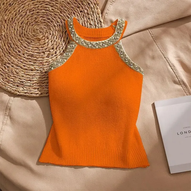 2026 Summer Sleeveless Knitted Vest Shirt Slim Halter Neck Beaded Tops Slim Sexy Bright Silk Women Camisole
