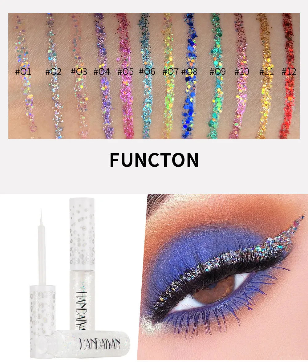 12 Renk Parlak Göz Gömlekleri Pigment Gümüş Gül Altın Renk Glitter Likit Eyeliner Metalik Renkli Makyaj Kadınlar Için