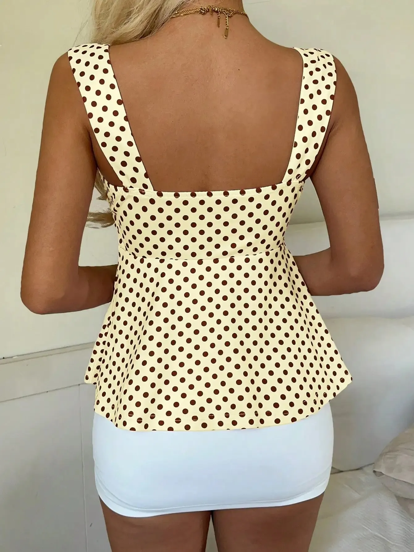 Women's New Marigold Yellow & Brown Polka Dot Cami Top Ruffle Bow Tie Tank Top with Wide Straps Suitable for Dating Vacation — image 2