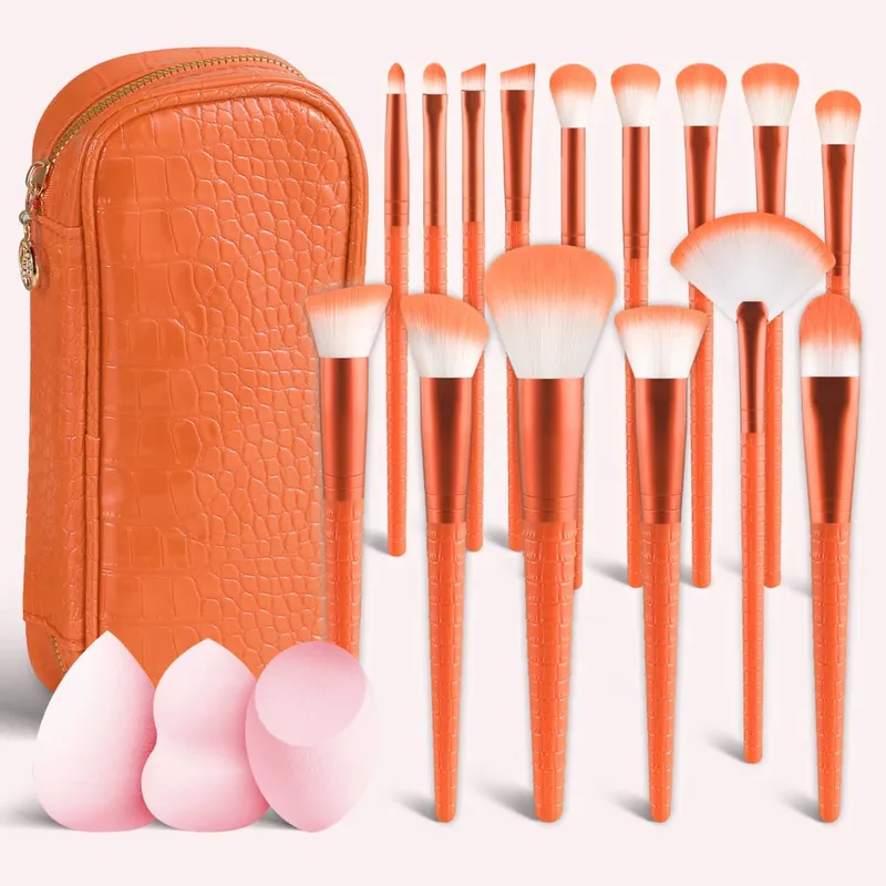 15Pcs Complete Makeup Brush Kit with Bag & 2 Beauty Sponges Face Eye Brushes for Beginners & Artists