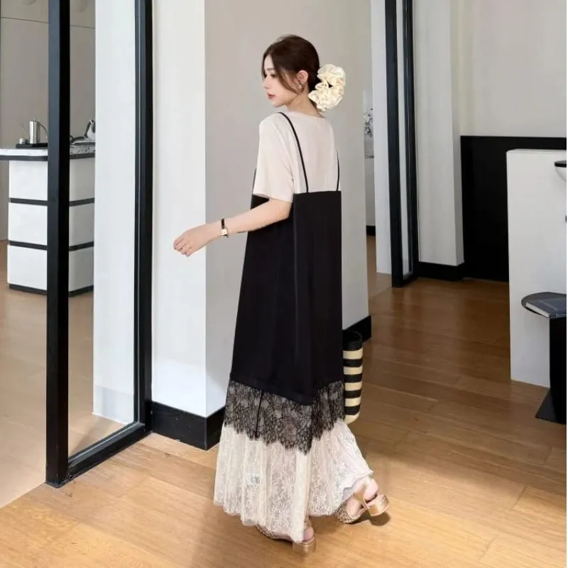 New 2026 Summer Women's Dresses Loose Plus Size Patchwork Lace Vestidos Fake Two Piece Female T-Shirt Dress Robe KE6690