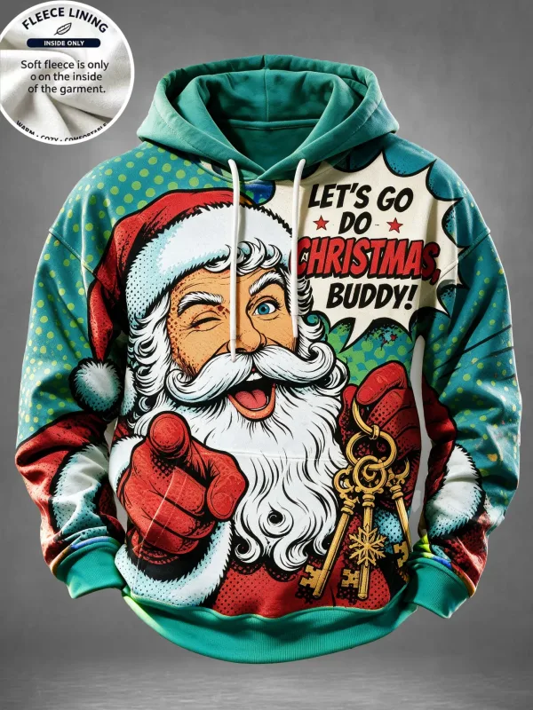 Men Fleece Lined Hoodie Comic Santa Christmas Print Pullover Hooded Sweatshirt Casual Winter Hoody