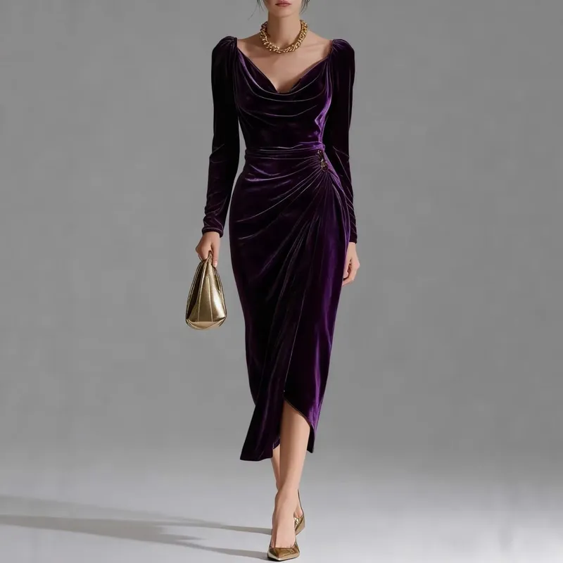 2025 Women's European & American Fashion Leisure Velvet Sexy New Long-sleeved Slimming Pleated Long A-line Split Bodycon Dress