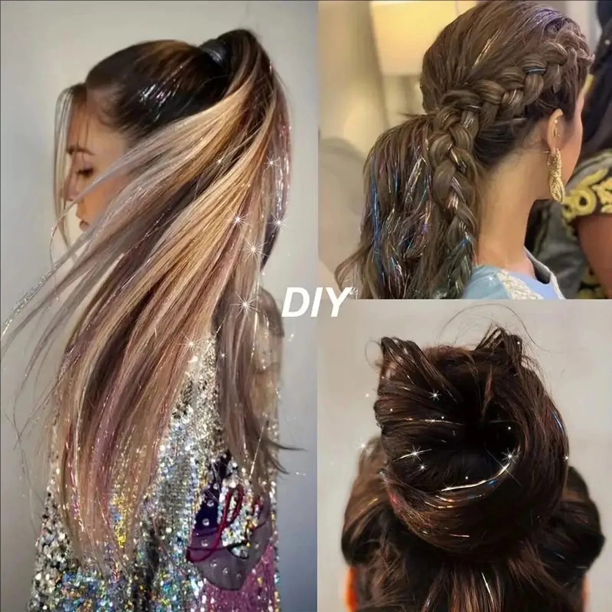 12Pcs Synthetic Hair Tinsel Clip in 20Inch Glitter Tinsel Hair Clip in Hair Tinsel Kit Heat Resistant Shiny Sparkle Fairy Hair
