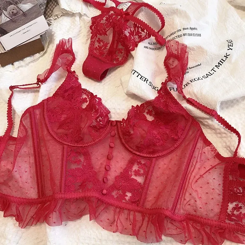 Hot Sale French Sexy Lingerie Set for Women Ultra Thin See Through Bra Panty Set Embroidery Lace Shaping Camisole Underwear Set — image 4