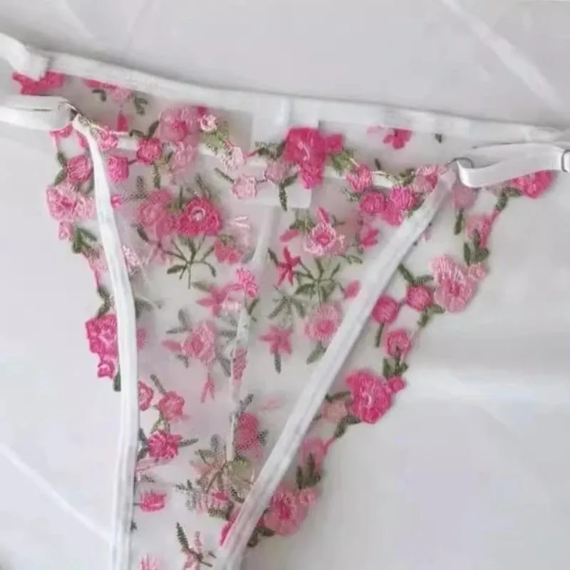 Pink Floral Lingerie Set Tulle Bra Embroidered Bralette Sweet Sexy Christmas Gift for Her Valentine Present CA S-XL MOYISU Tushy — image 2